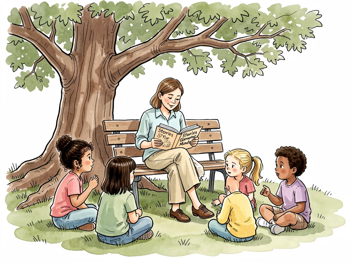 A teacher reading aloud to a circle of attentive children under a shady tree, gentle expressions capturing a fleeting, genuine moment.