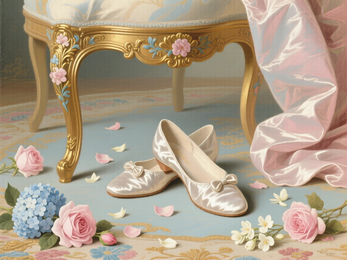 A pair of silk slippers beneath a chair, surrounded by fallen flowers  