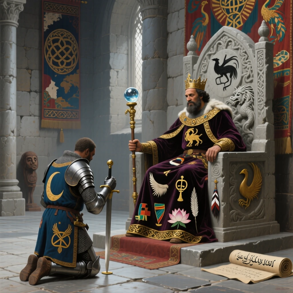 A medieval knight kneeling before a king in a grand stone throne room, as golden or dramatic lighting sets a timeless, cinematic mood, celebrating the rich diversity of world cultures and traditions