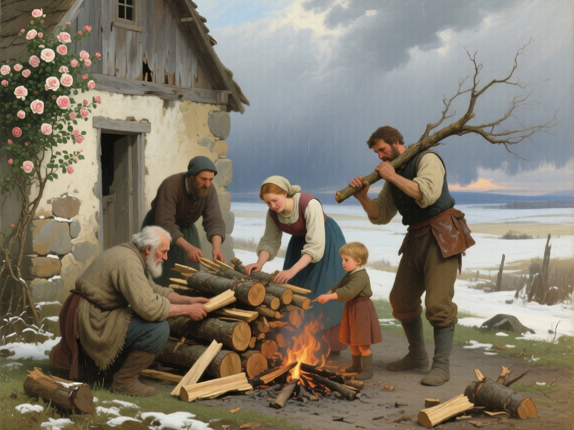 A family gathering firewood together before an early winter storm as warmth and community shine through humble work, set beside a rustic cottage framed by climbing roses, with worn hands, simple clothing, and the honest textures of daily labor; the horizon and open sky give even modest labor room to breathe, capturing the timeless rhythm of rural and village life.