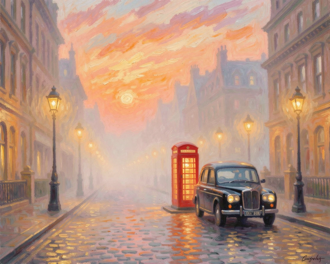 A misty London street at dusk, gas lamps glowing beside a red telephone booth and black cab, under a glowing sunset sky, radiating joy and gentle celebration.
