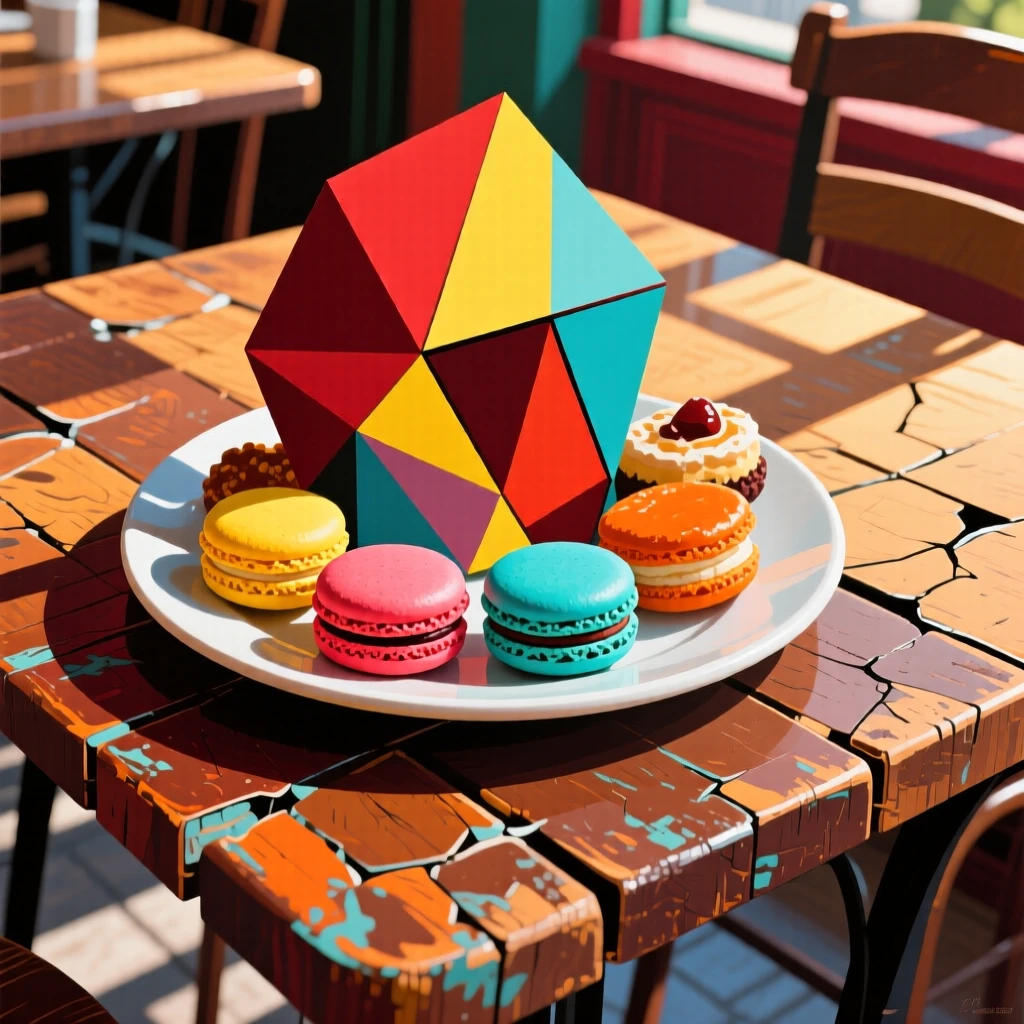 A mouthwatering image of a plate of colorful macaroons and pastries served on a rustic wooden table at a sunlit café.
