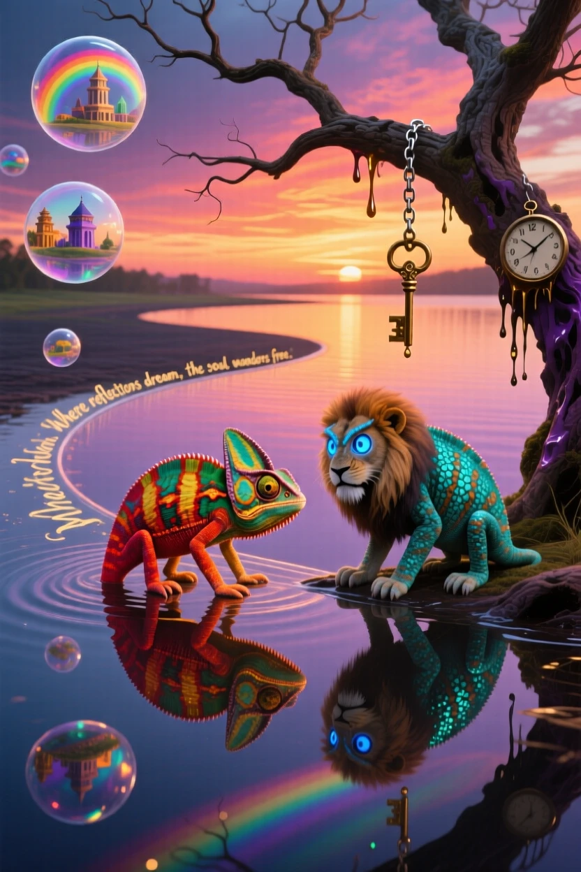 A chameleon shifting through colors of an entire sunset in seconds wanders along the edge of a mirror-smooth lake, while its reflection shows a completely different creature.