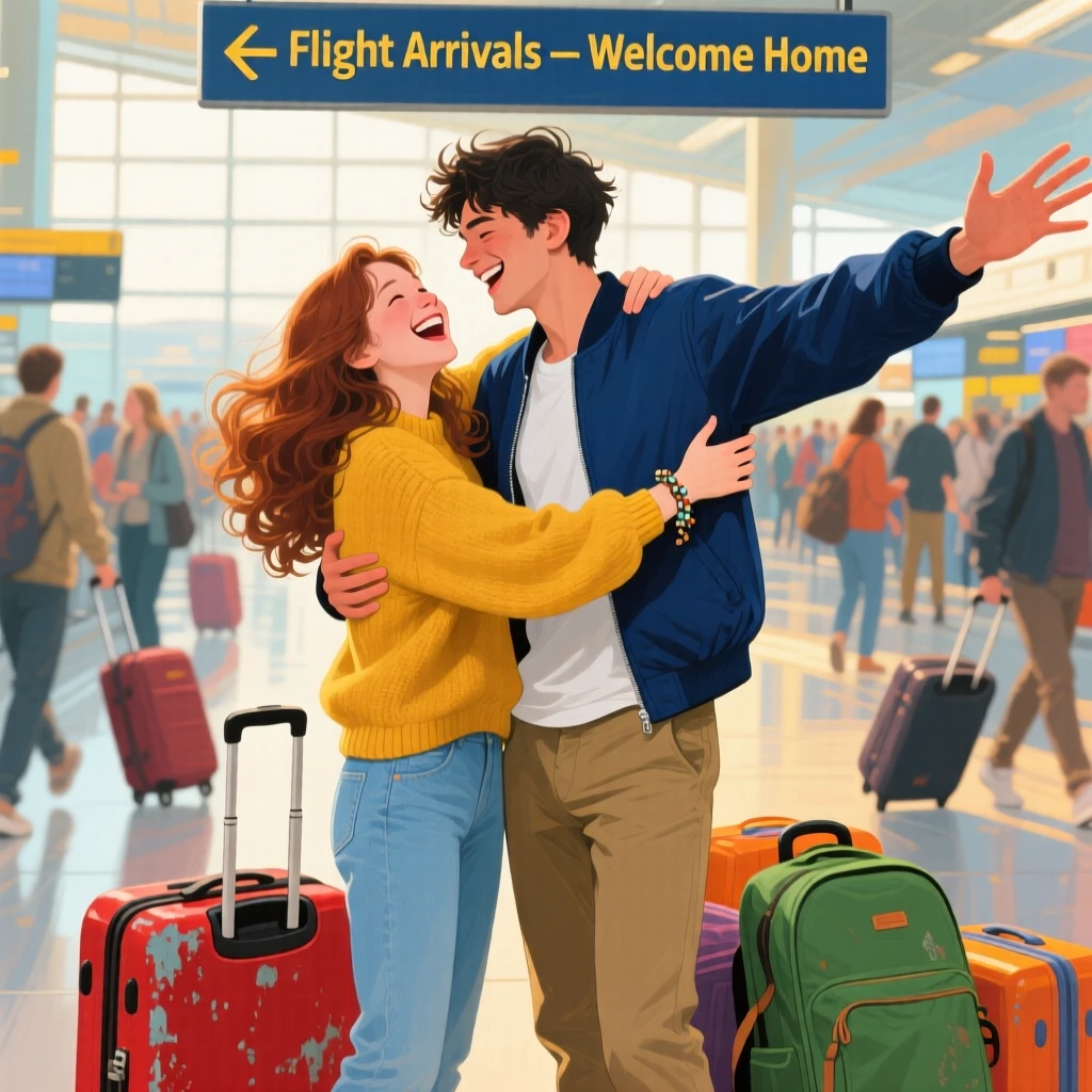 Childhood friends reunite at an airport, arms wide open in a joyful embrace as luggage and travelers blur around them, the composition drawing attention to small, telling gestures that reveal character and mood.