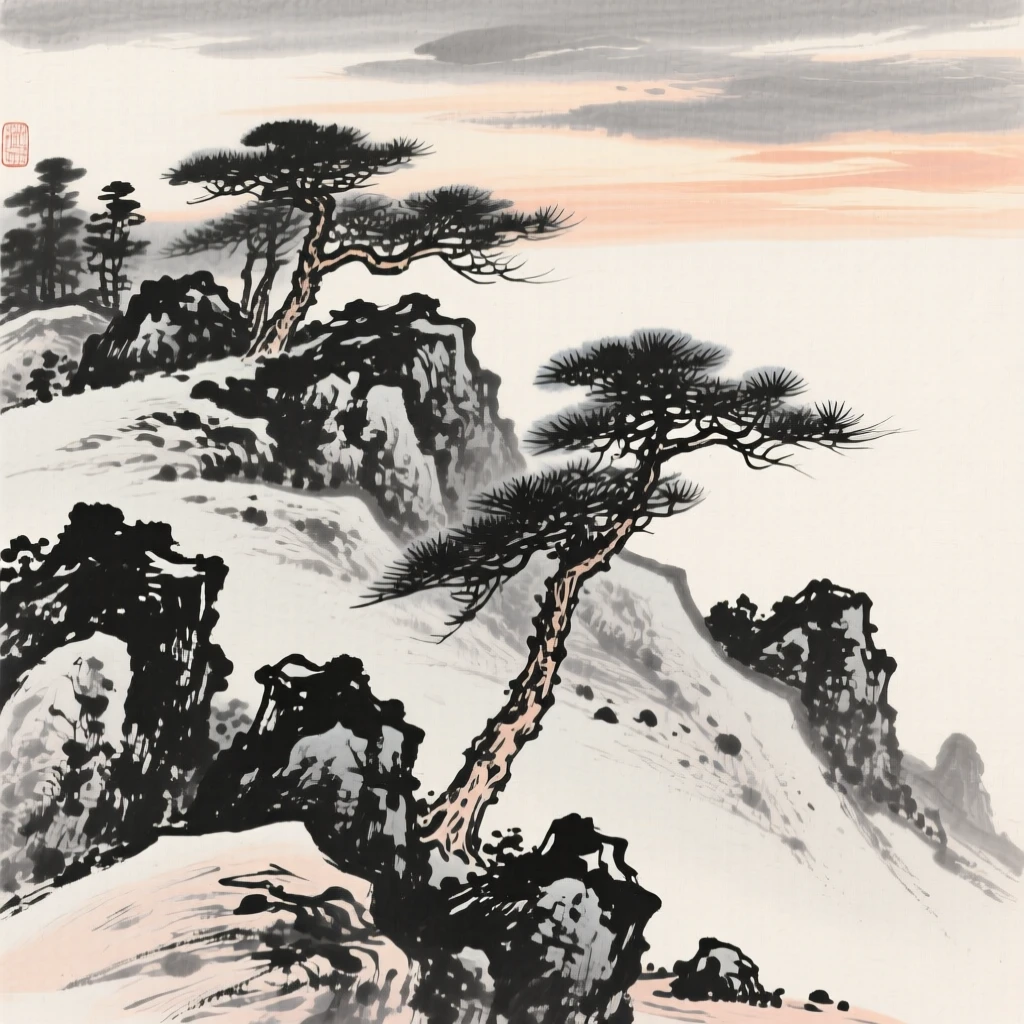 Rocks and pine trees cluster together on a rugged hillside, beneath a sky brushed with the last light of day.