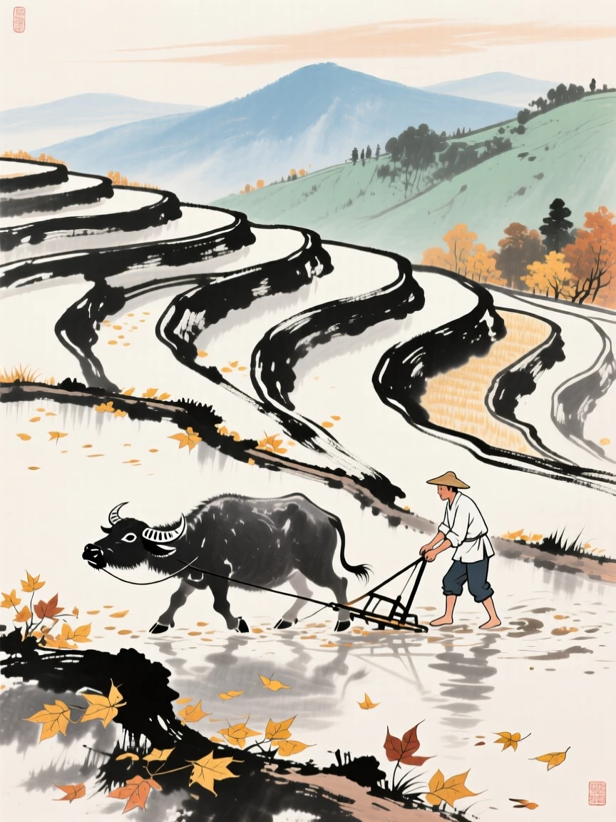A farmer plowing a terraced field with the help of a water buffalo, as autumn leaves turn golden.