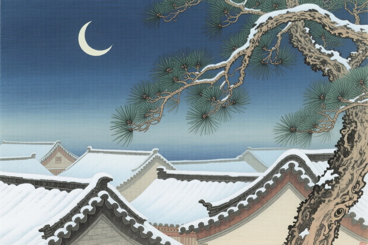 A crescent moon framed by pine branches, over rooftops dusted with fresh snow