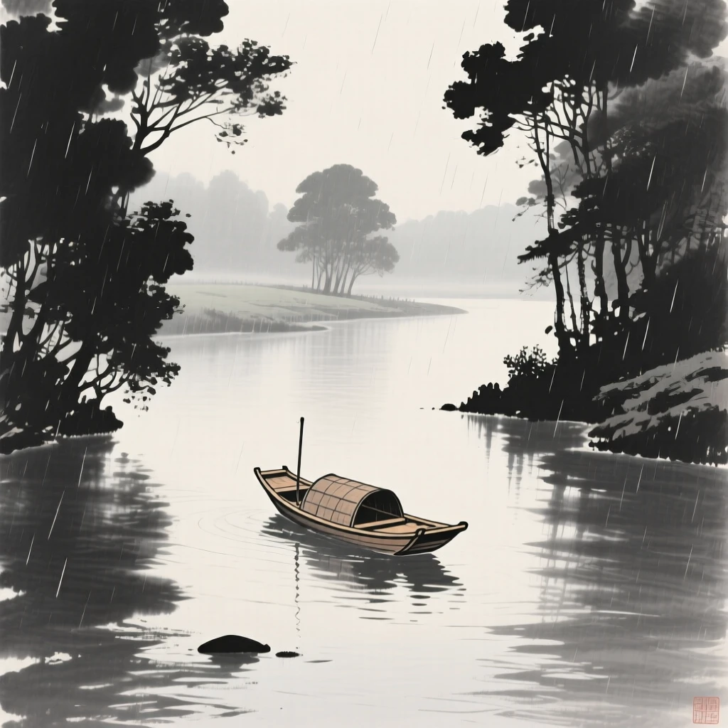 A lone wooden boat drifting on a still, glassy river while a light rain blurs the distant tree line, framed through a gap in the trees, revealing the valley beyond, capturing a fleeting, serene moment suspended in time.