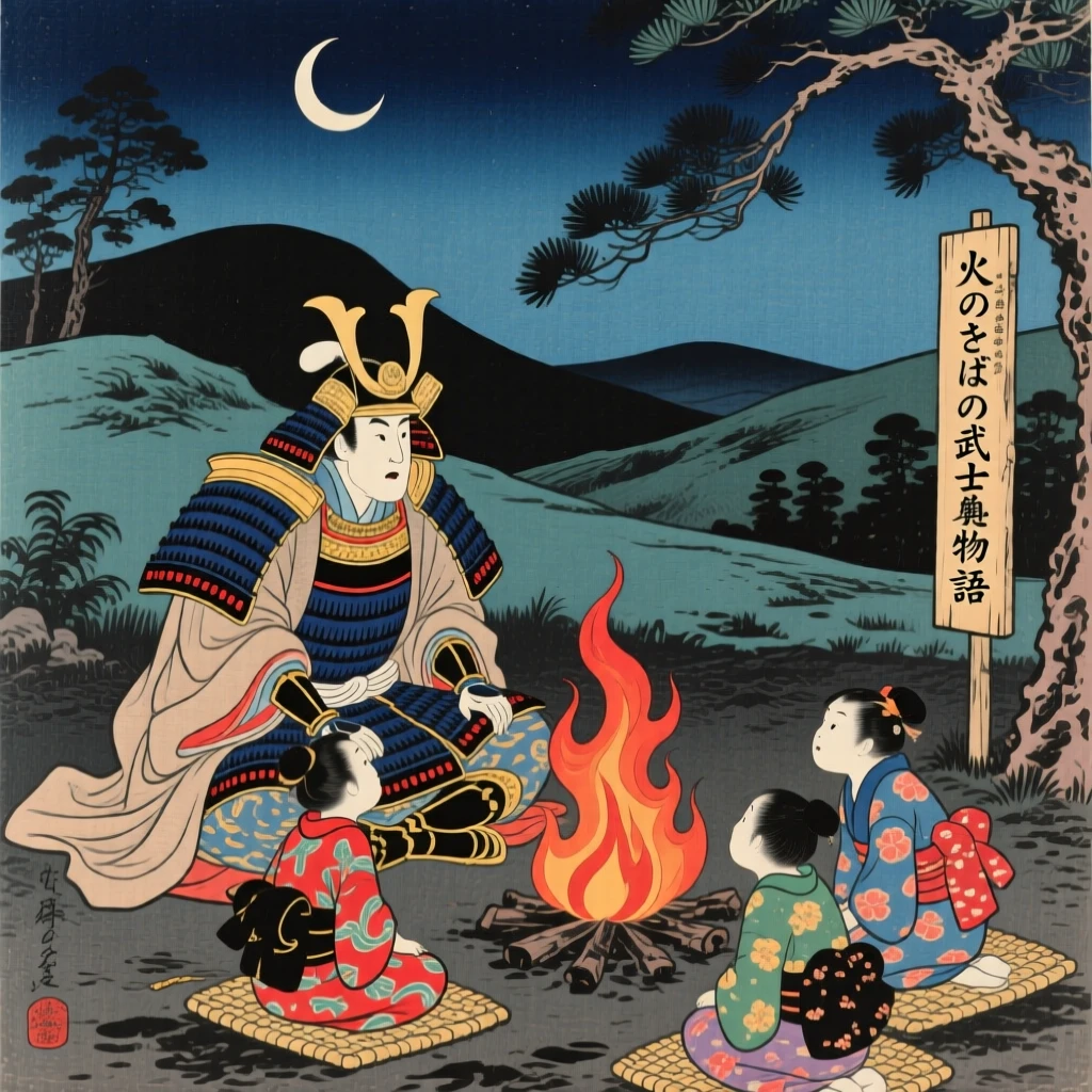 A samurai sharing a story with children by a fire.