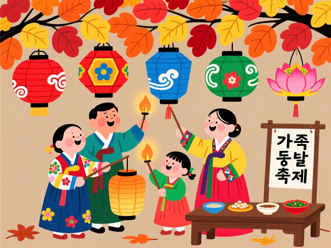 A family lighting lanterns together at a festival, beneath a canopy of autumn leaves.