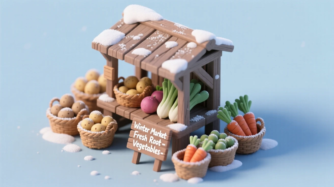 A rustic root vegetable stand at a winter market, baskets of potatoes and carrots covered in a light dusting of frost.