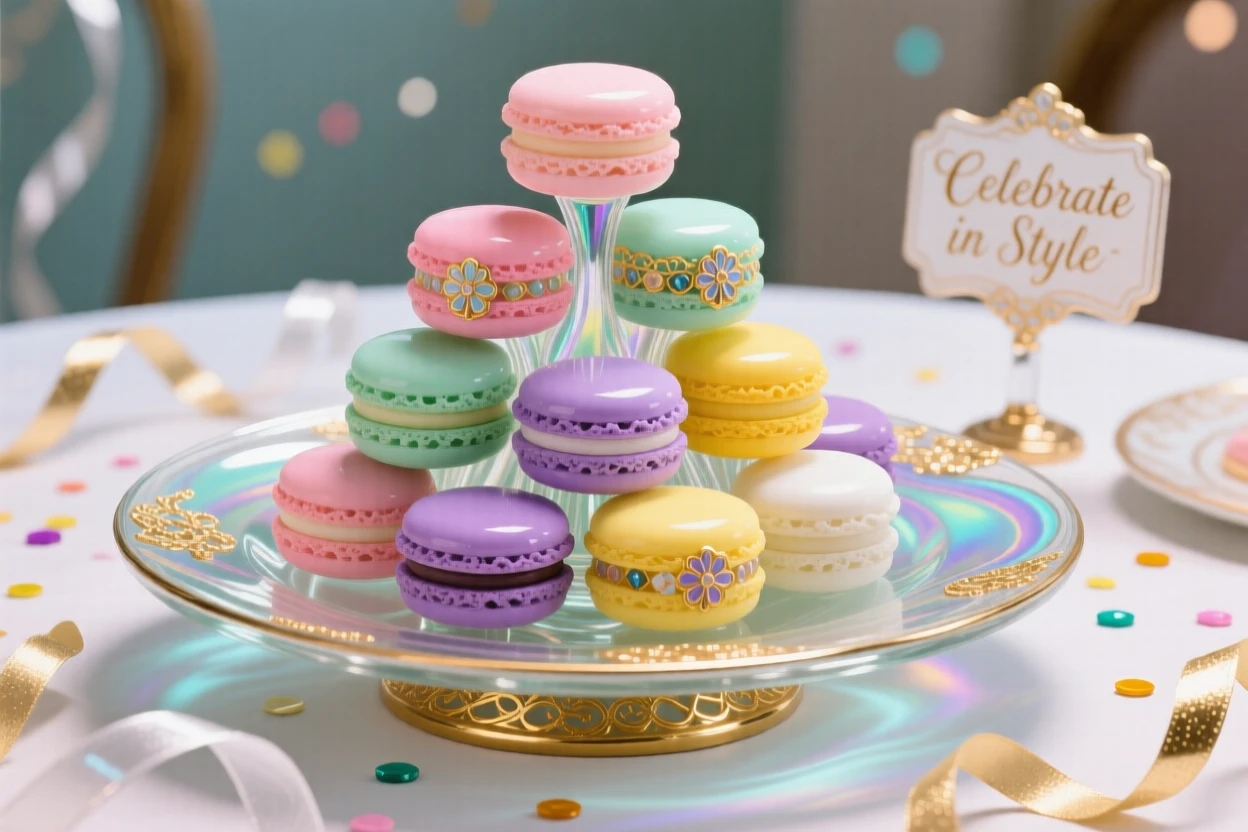 A platter of colorful macaron towers at a celebration table, festive and elegant.