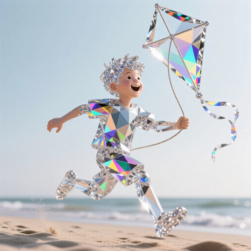 A young boy's face filled with pure joy as he flies a kite on a windy beach.