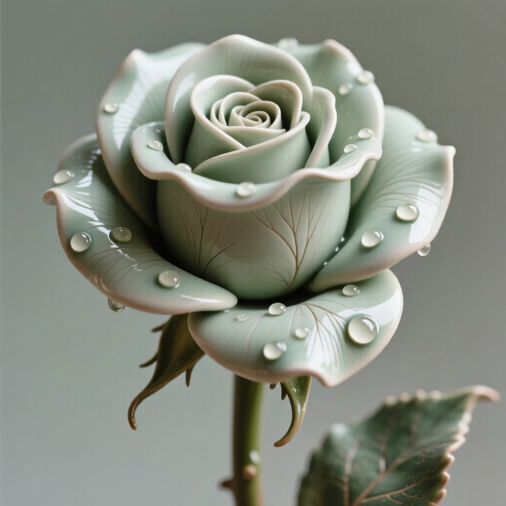 A single rose with dew clinging to its petals captured at the peak of full bloom, with veins tracing intricate natural patterns, evoking fragile beauty and quiet renewal.