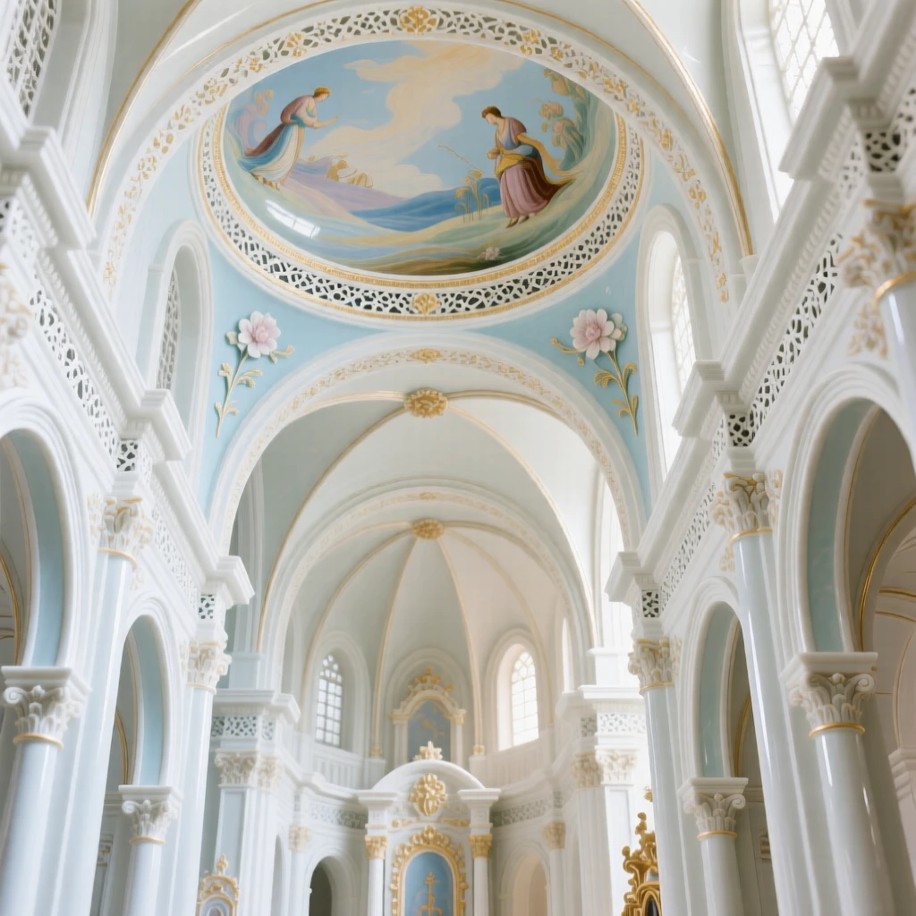 The ornate interior of a domed cathedral nave, intricate ceiling frescoes overhead.