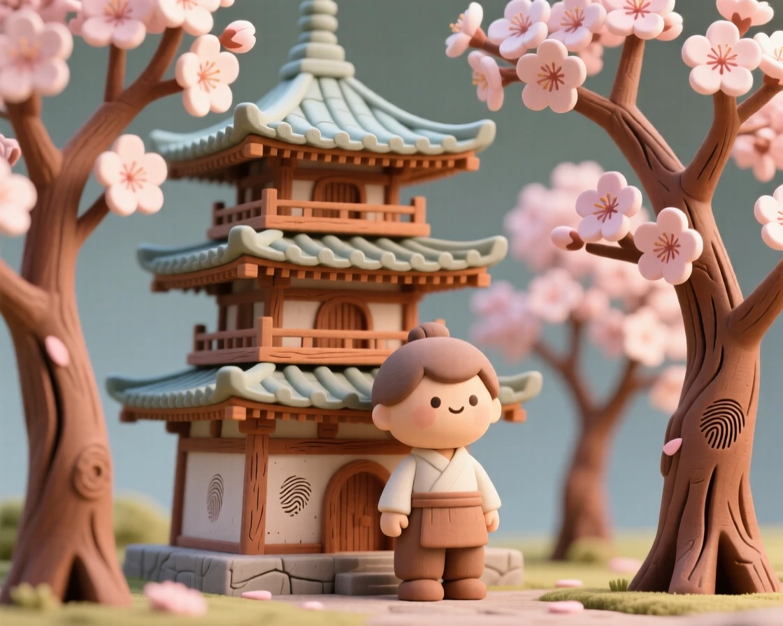 A traditional Japanese pagoda surrounded by blooming cherry trees