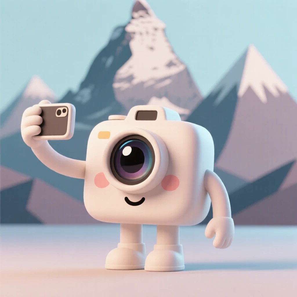 A friendly camera with a round lens eye takes a joyful selfie against a backdrop of famous mountain peaks.