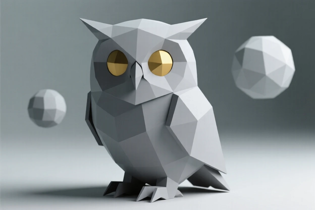 A gray owl with piercing golden eyes, in the soft light of late afternoon. the framing draws the eye directly to its gaze. The scene feels calm and majestic.