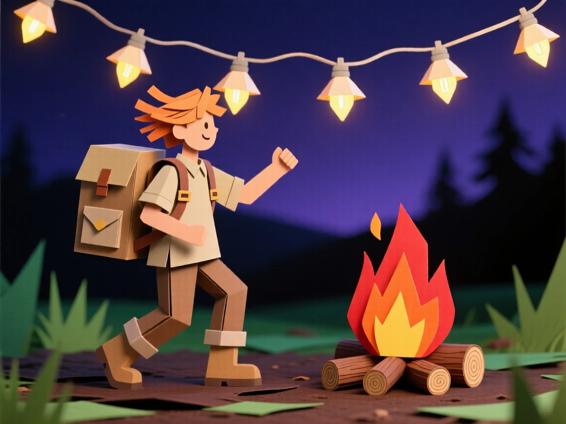 A solo backpacker dancing beneath string lights at an evening festival, with the glow of a nearby fire flickering, capturing the simple beauty of everyday moments.