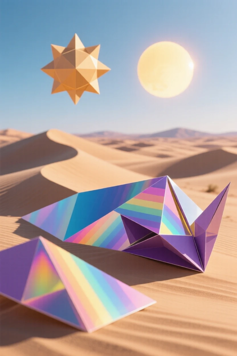 A desert where glass dunes shimmer with rainbow light beneath twin suns.