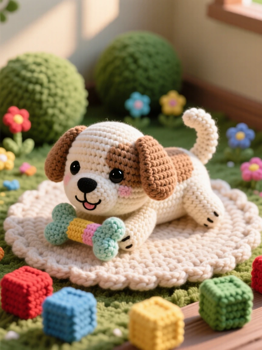 a content puppy chewing a soft toy, with a happy wagging tail, is shown lounging on a plush rug within a small backyard garden in the late afternoon beside a scattering of colorful toy blocks, capturing quiet, unhurried domestic peace.