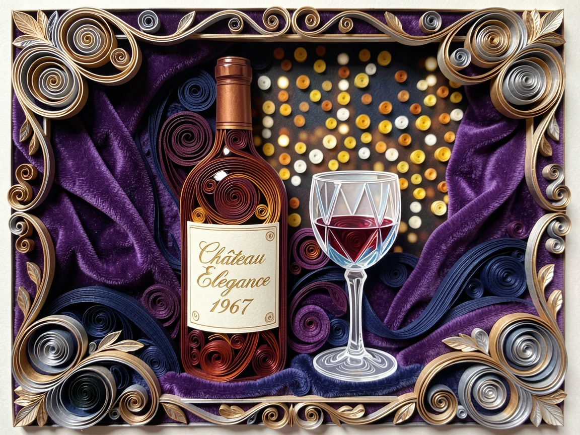 A sophisticated luxury scene of a bottle of vintage wine beside a crystal glass in a plush velvet-lined boutique, with soft city lights glowing in the background, framed with an air of quiet, understated elegance.