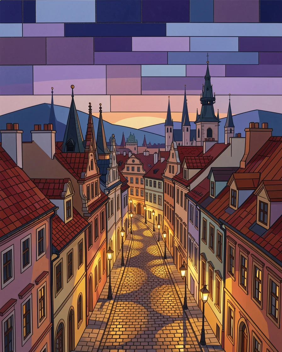 A lantern-lit street in old town prague at dusk, viewed from a dramatic elevated vantage point.