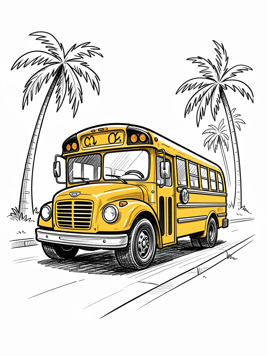 A cheerful yellow school bus cruising along a palm-lined boulevard.