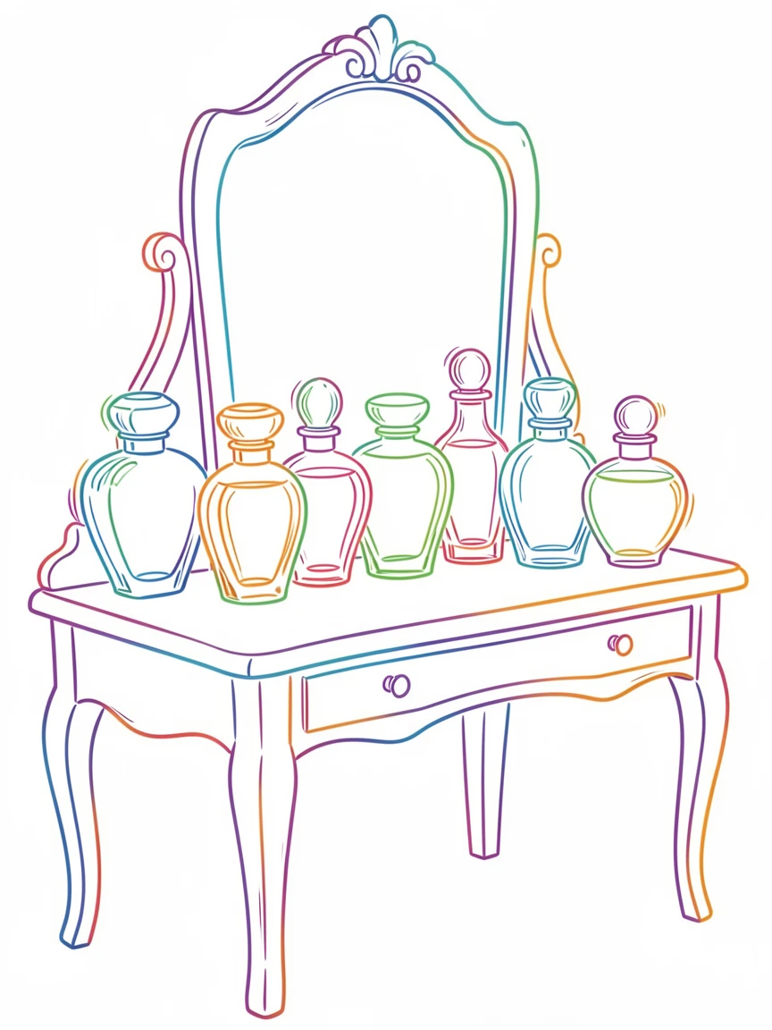 A row of antique perfume bottles catching light on a vanity table.