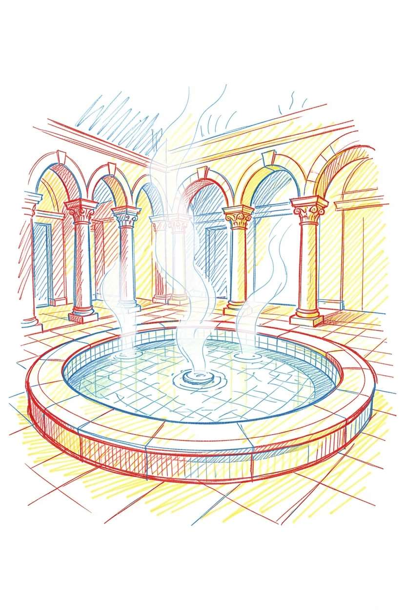 A grand ancient bathhouse with steam rising from mosaic pools