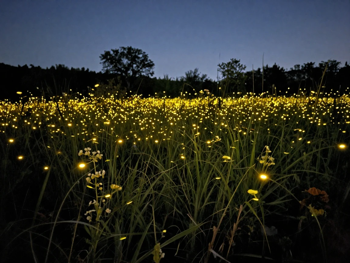 A field of glowing fireflies illuminating a summer night