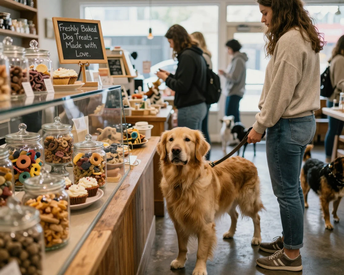 A dog patiently waits its turn in line at a pet bakery counter.