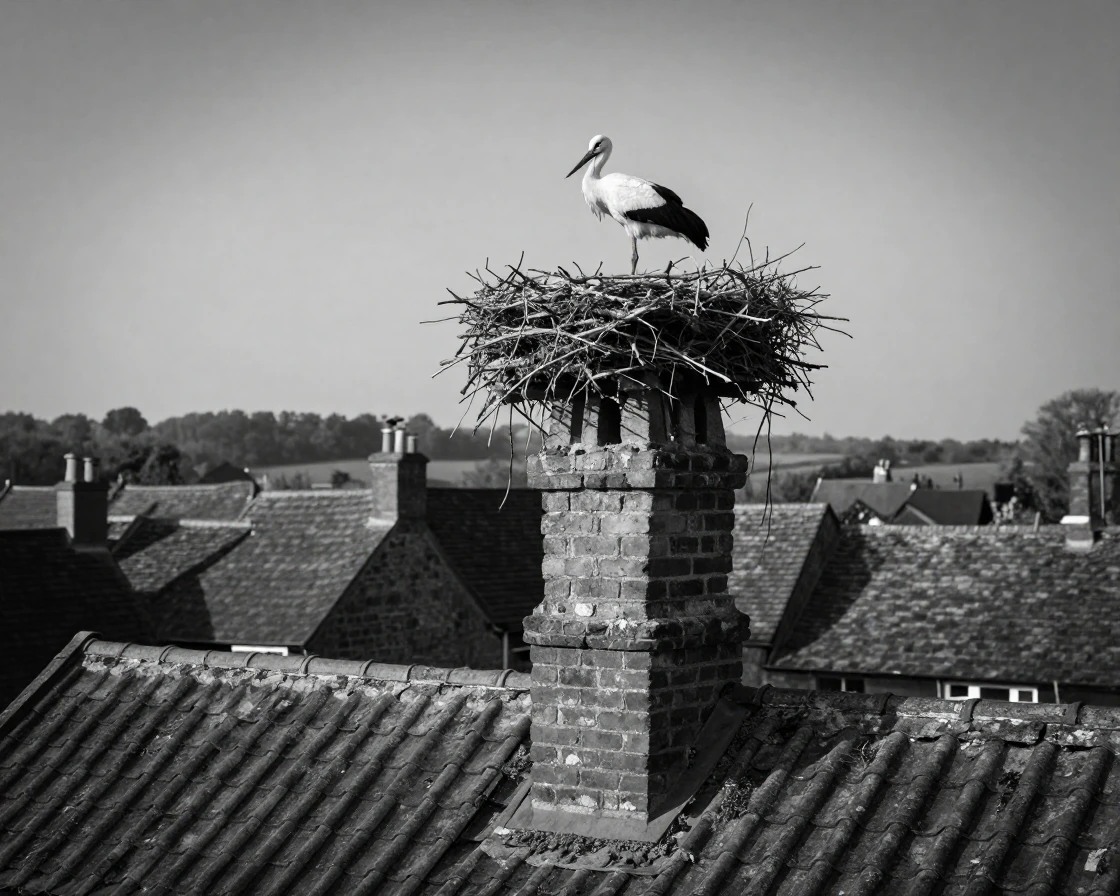 A stork nests atop an old chimney above a quiet village rooftop.