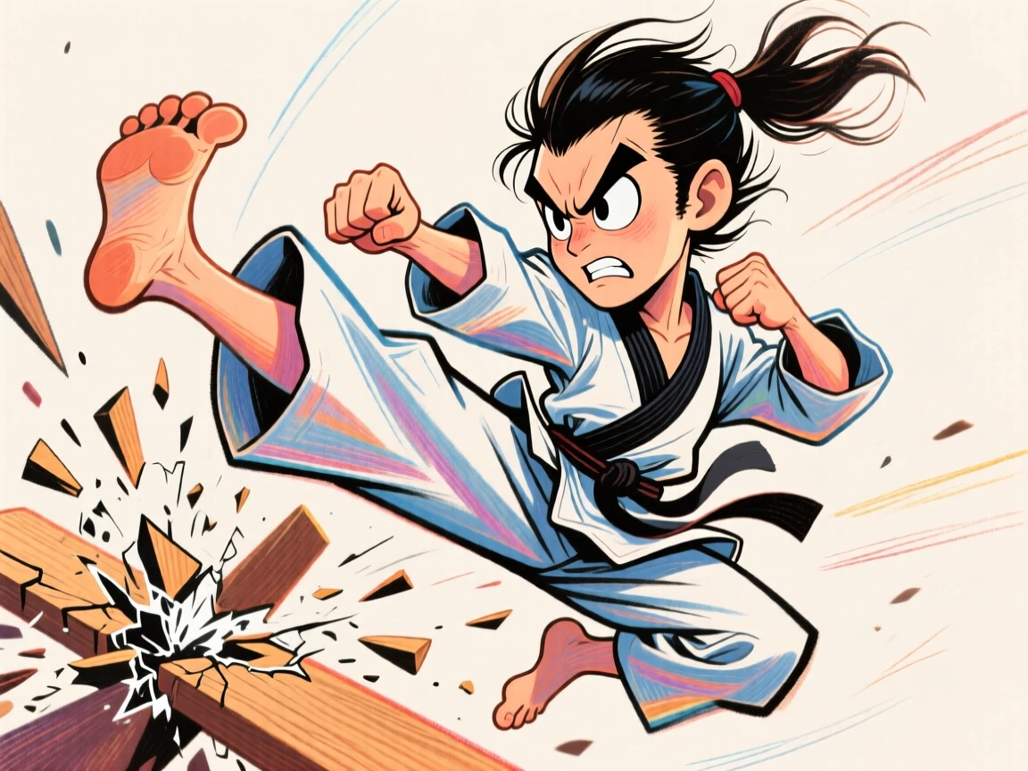A martial artist mid-kick, gi flaring, breaking a wooden board with precision.