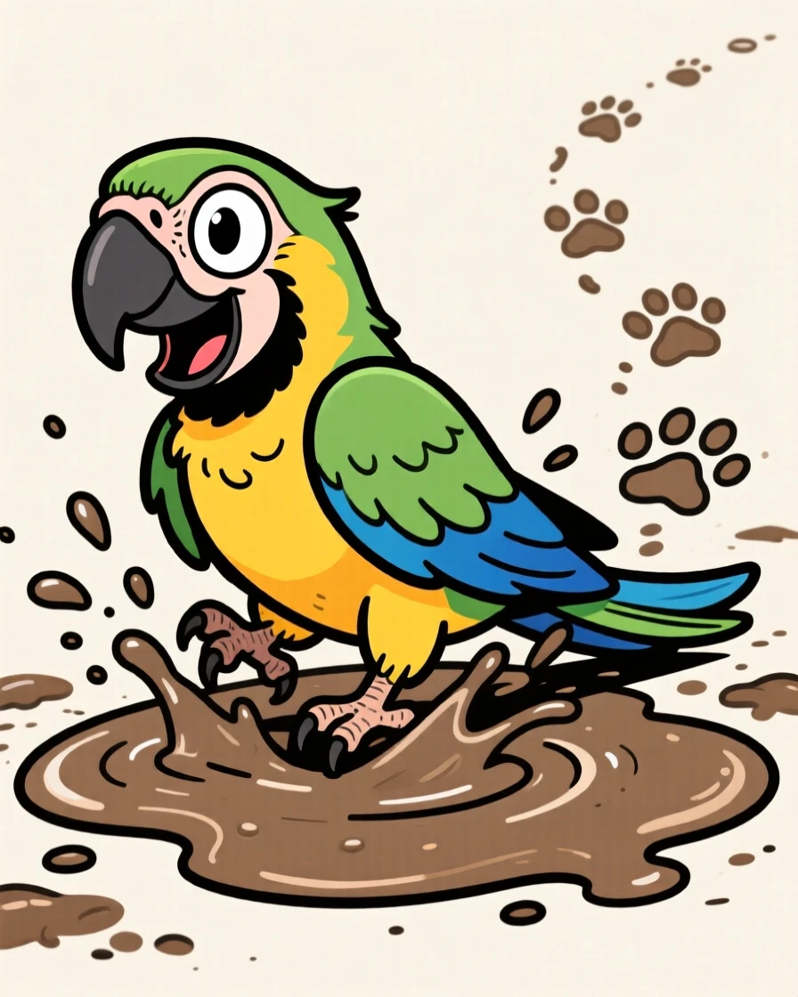 A playful pet moment featuring a majestic parrot splashing gleefully through a puddle, with muddy paw prints trailing behind.