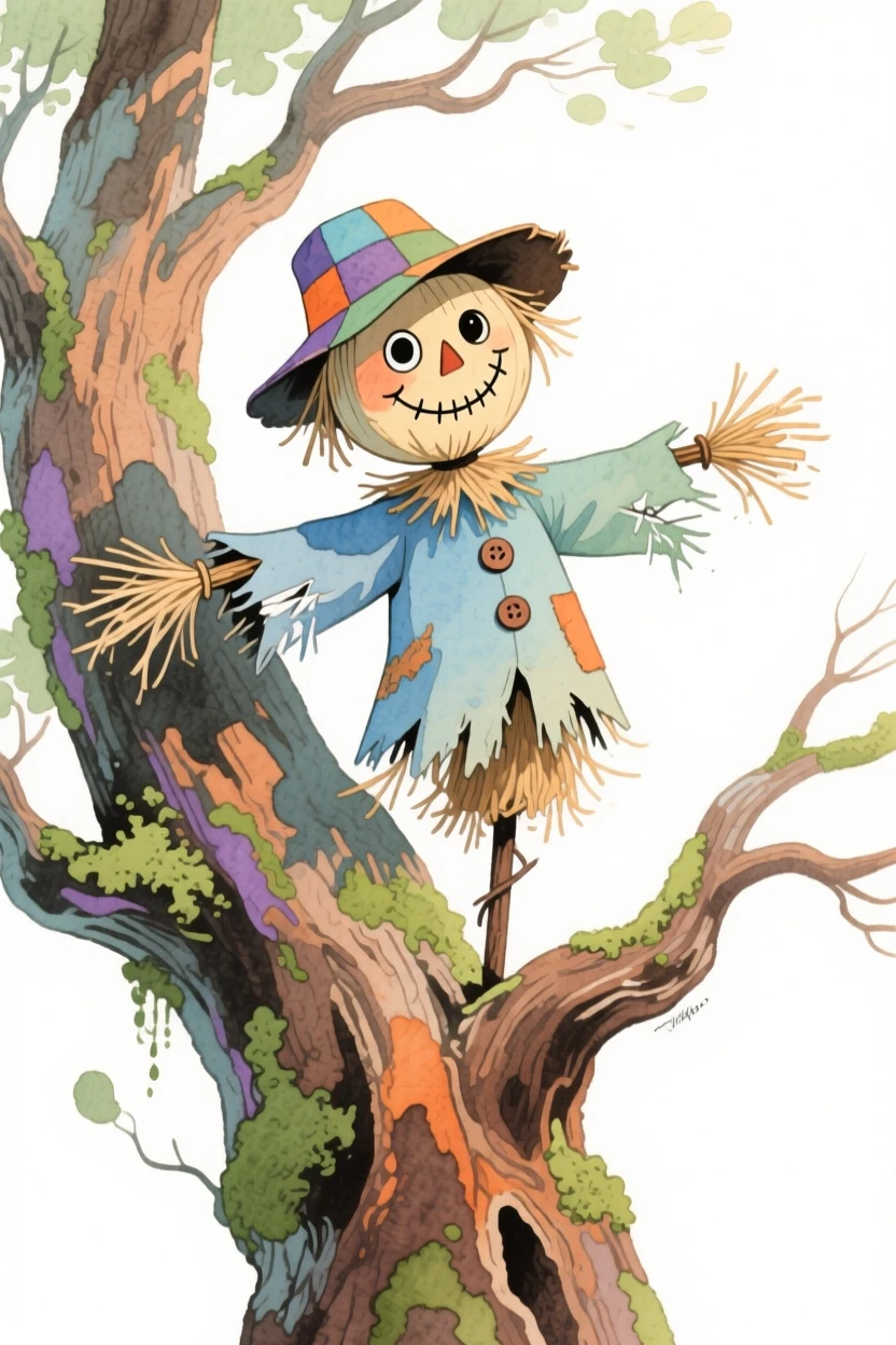 An enchanted scarecrow perched atop a towering ancient tree