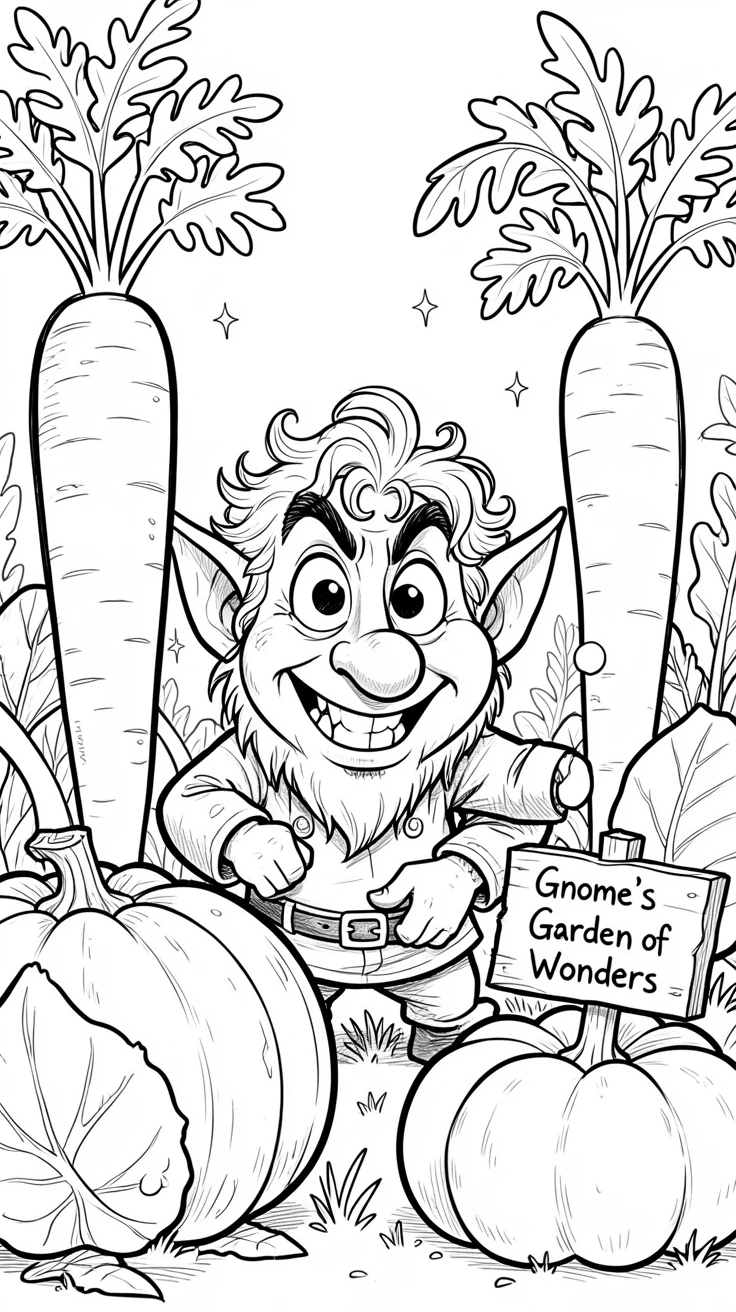 [Fantasy & Imaginative Scenarios] Imaginative fantasy scene of a mischievous gnome tending a garden of oversized vegetables, brimming with wonder