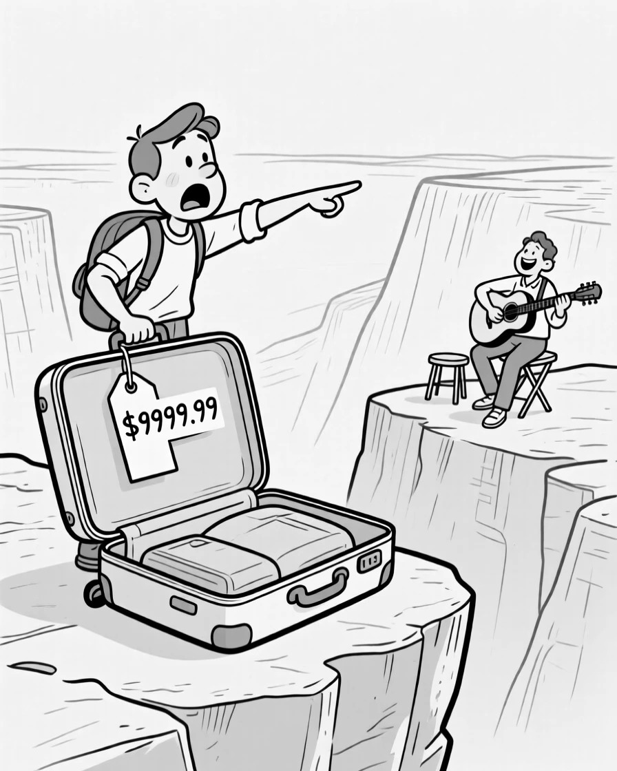 A traveler unfolding an impossibly oversized suitcase, pointing dramatically at a price tag in mock horror, set at the edge of a dramatic canyon lookout. A street musician plays gently in the background. It's a joyful tribute to the thrill of travel and discovery.