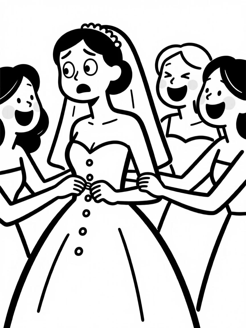 A bride getting help with her dress buttons from giggling bridesmaids.