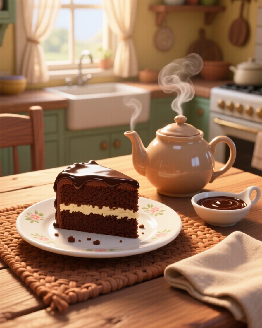 A slice of rich chocolate layer cake sits on a tray beside a steaming teapot, beside a small dish of dipping sauce. A comforting, homey feeling fills the moment.