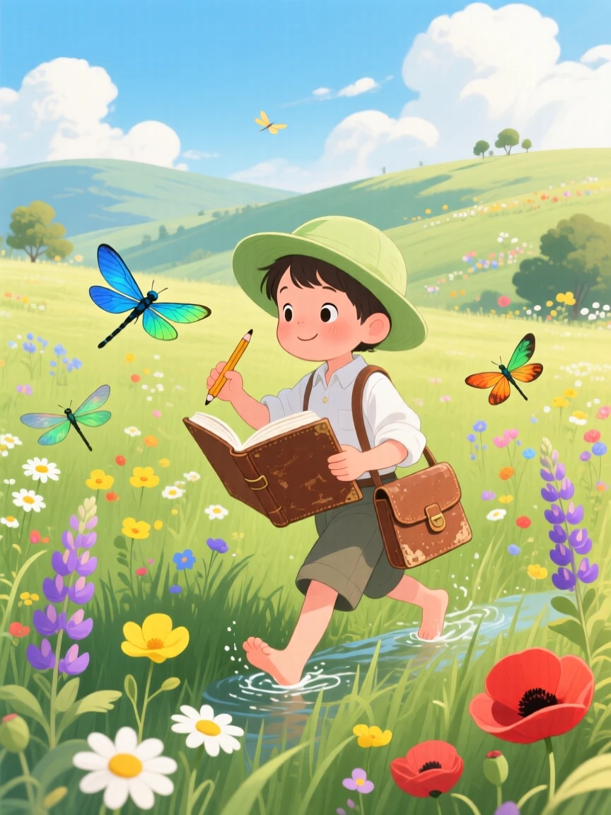 A young botanist with a sketchbook spends the day wading through tall grass chasing dragonflies through a wildflower meadow, as clouds cast slow shadows across the hills.