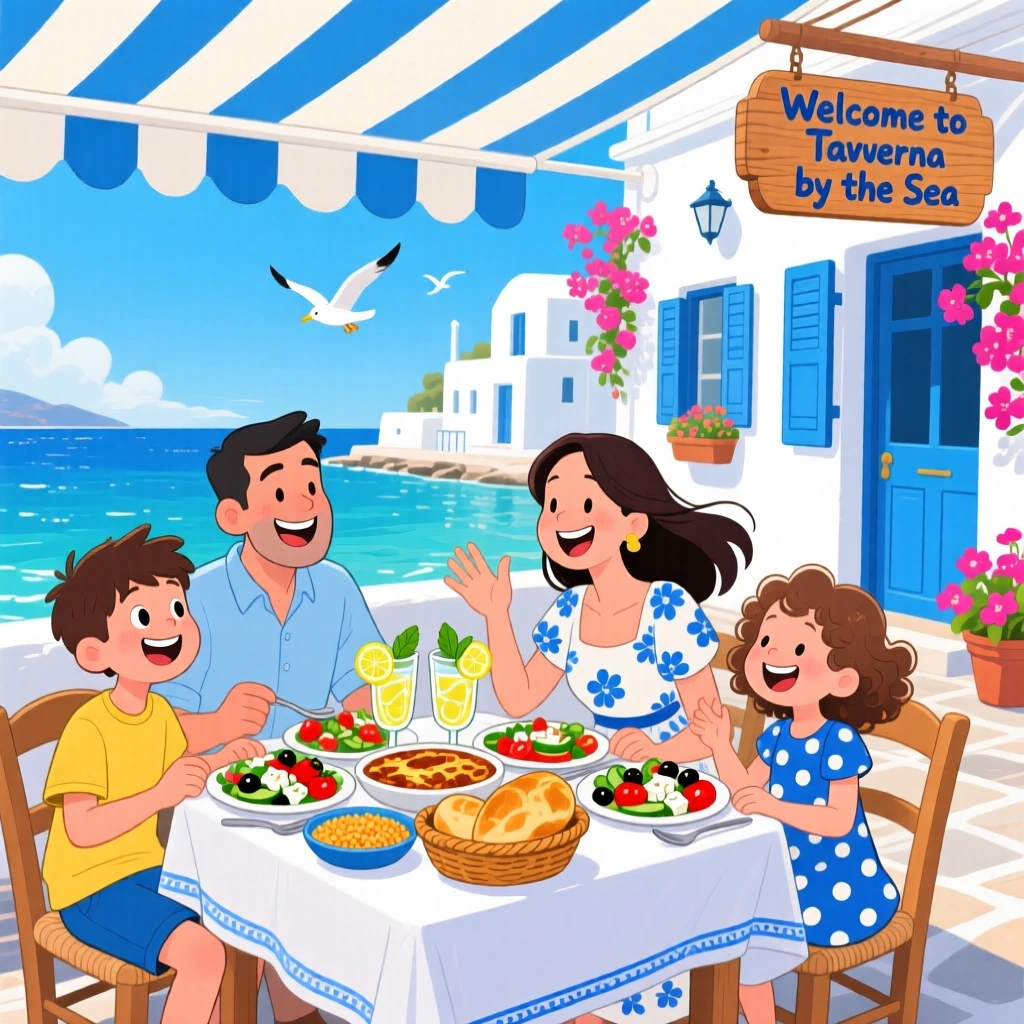 A family in Greece enjoying a seaside meal under white and blue awnings.