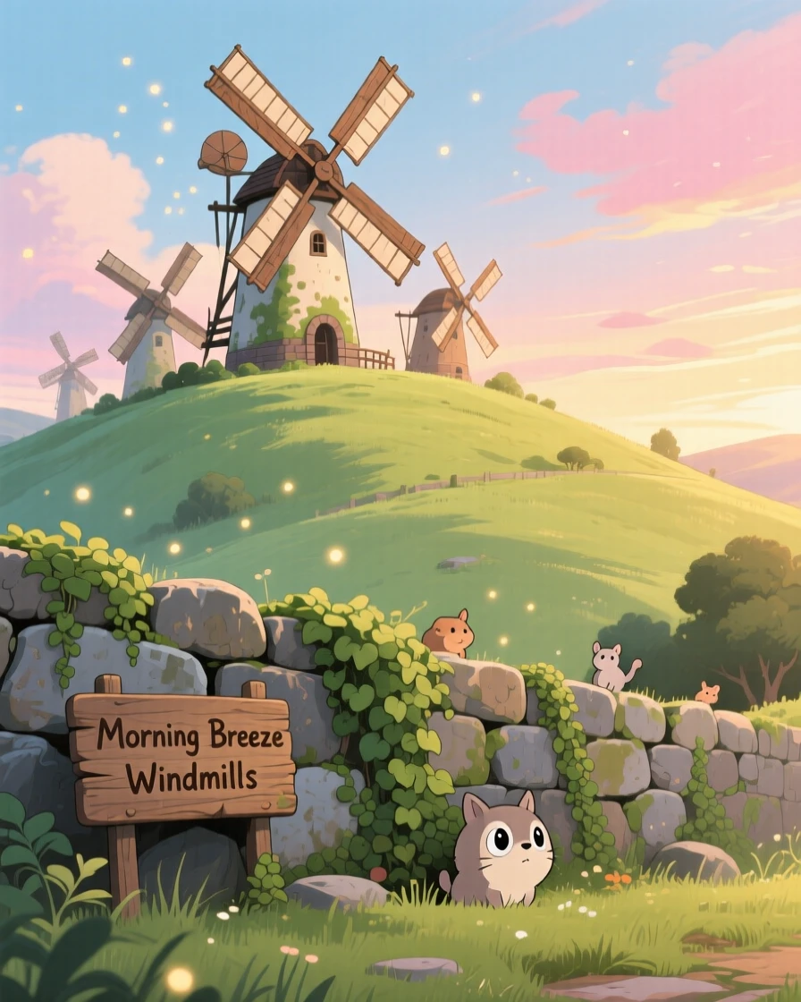 A cluster of windmills turning slowly on a green hill, with ivy climbing up the side of an old stone wall, in the soft morning light.
