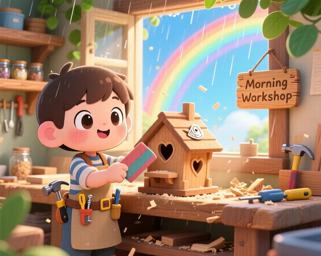 In a sunlit workshop, a small carpenter is sanding a wooden birdhouse under a rainbow after the rain, bathed in warm morning light filtering through leaves, expression full of wide-eyed wonder. Shot as a full-body shot.