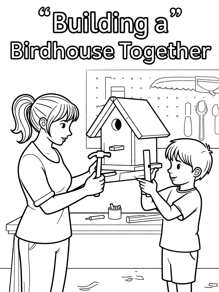 A mother and son making a birdhouse together in the garage