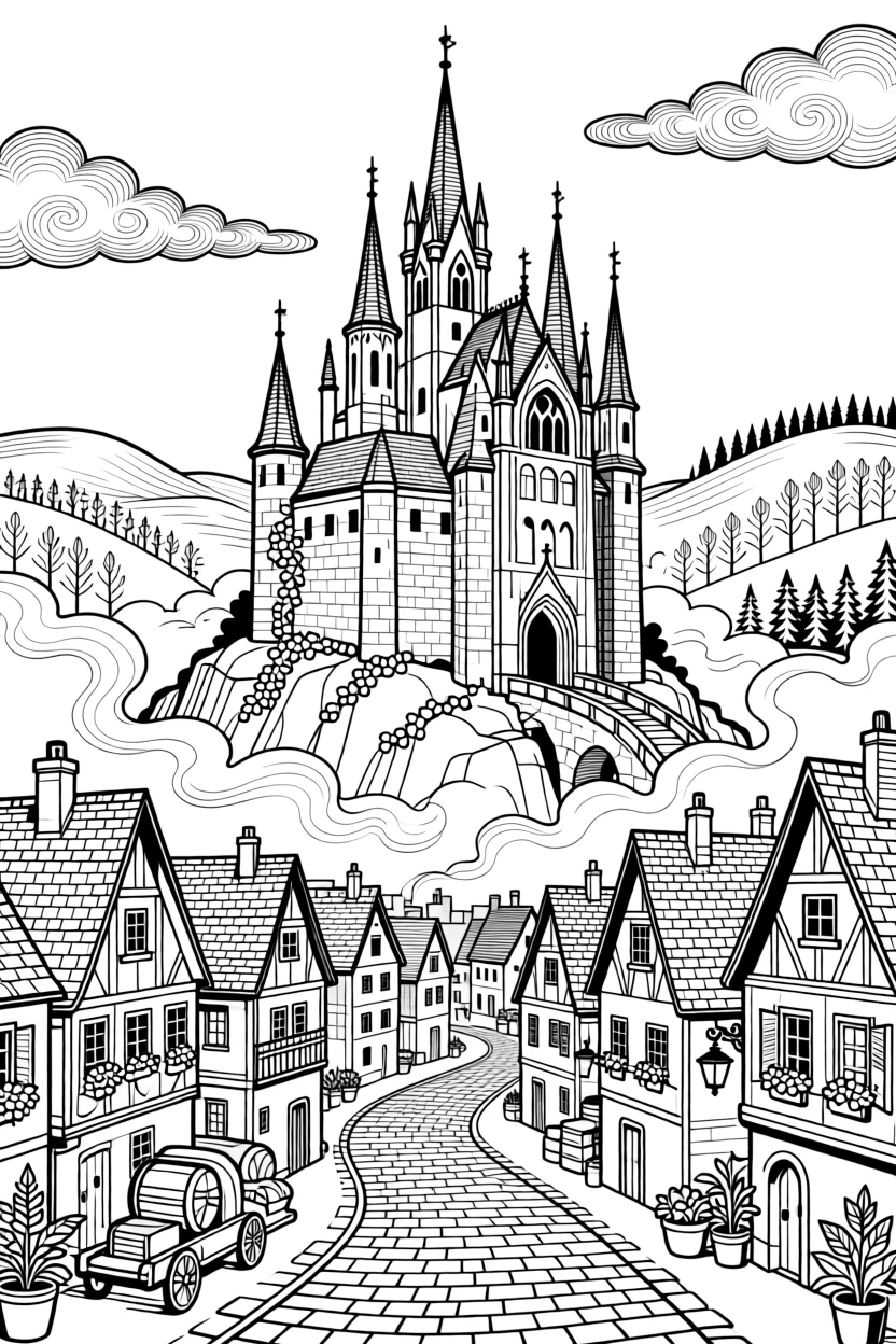 The stone spires of an old castle above a misty town.