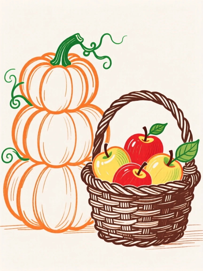 A stack of pumpkins beside a woven basket of apples.