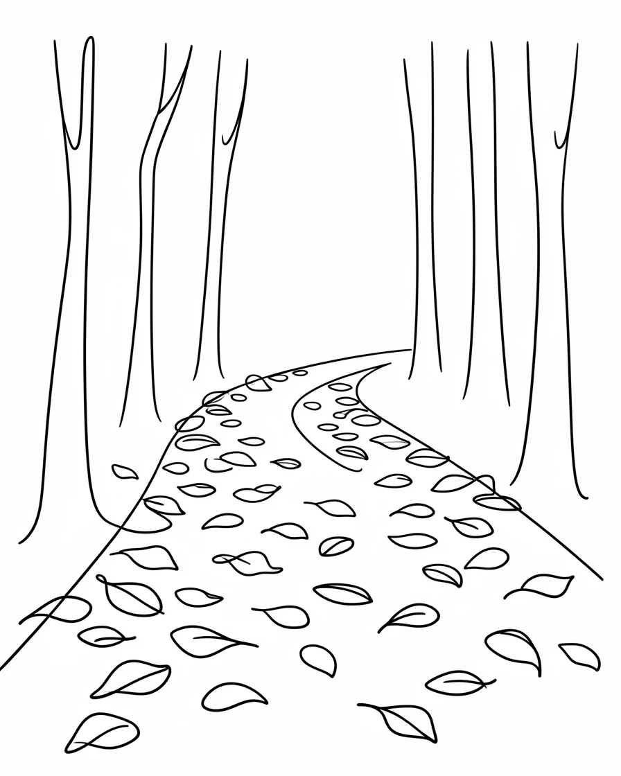 A forest path covered in fallen autumn leaves stretching into the distance
