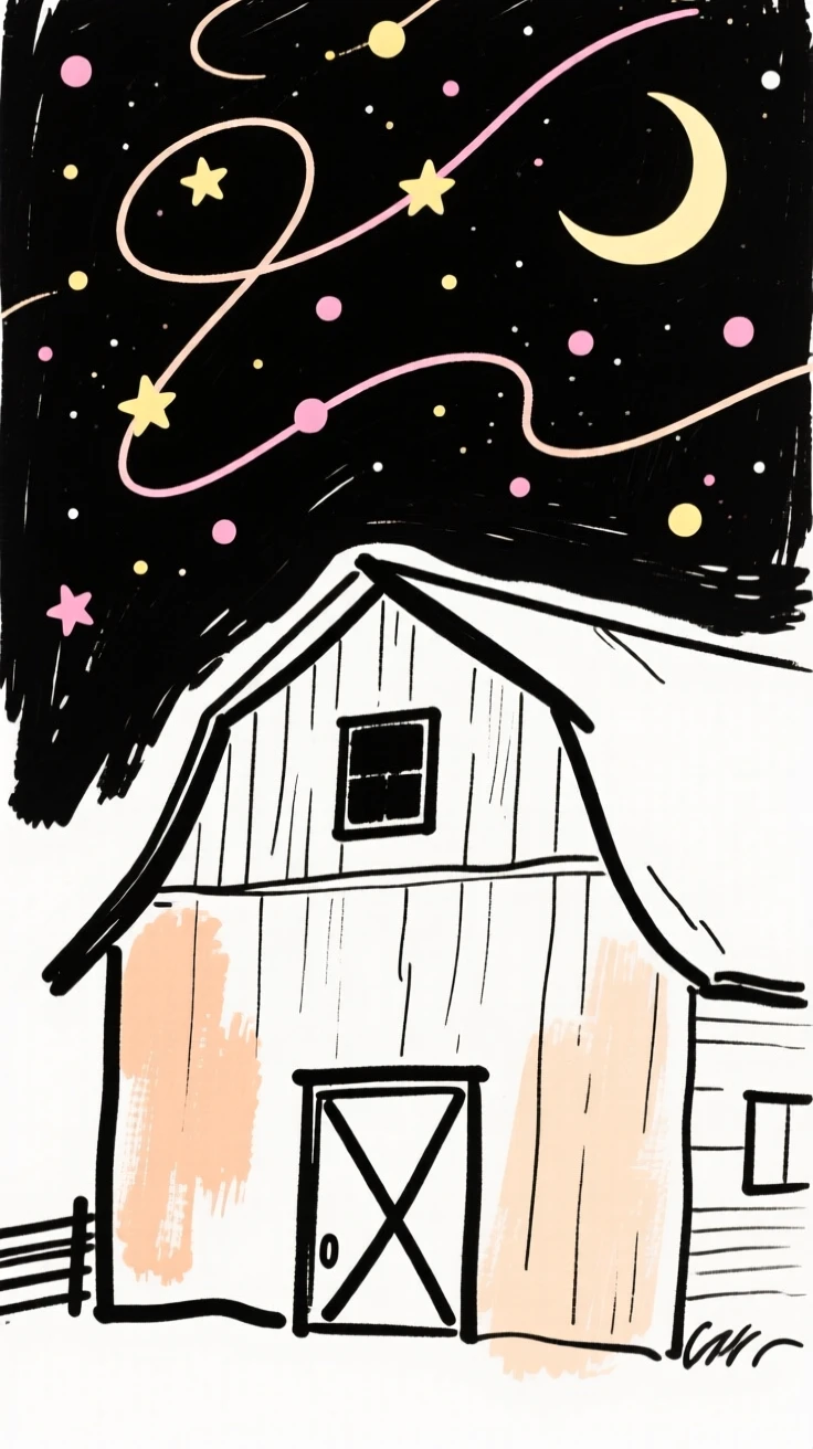 A rustic barn under a starry sky