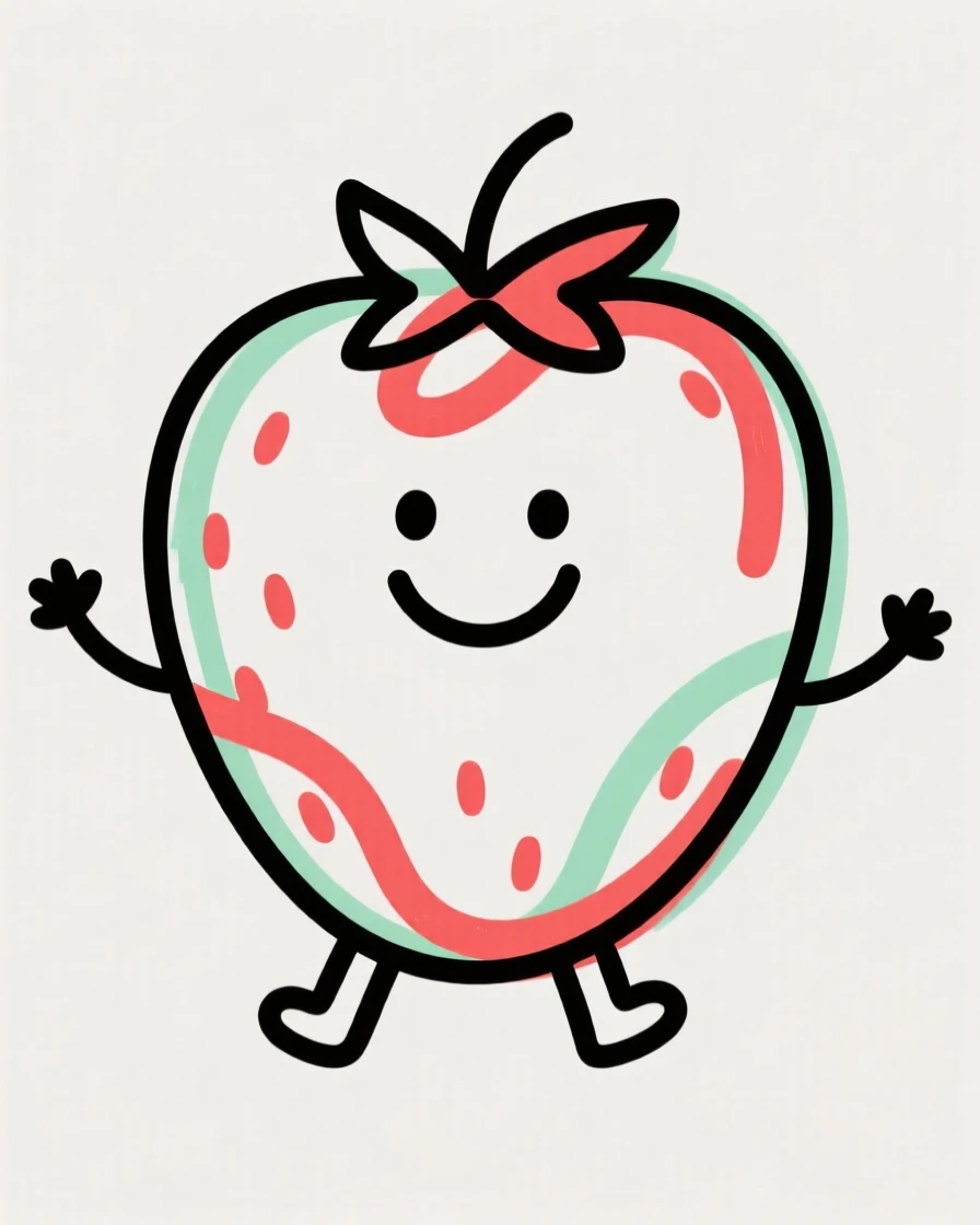 A round cartoon strawberry with a smiling face and tiny arms.